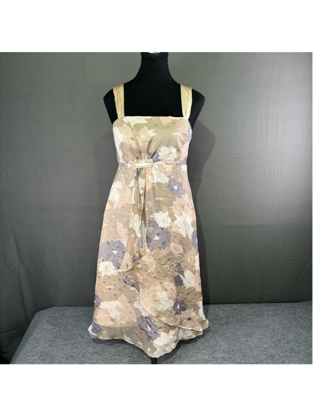 Fenn Wright Manson Dress Women’s 8 Silk Floral Midi Polka Dot Romantic Tan Cream